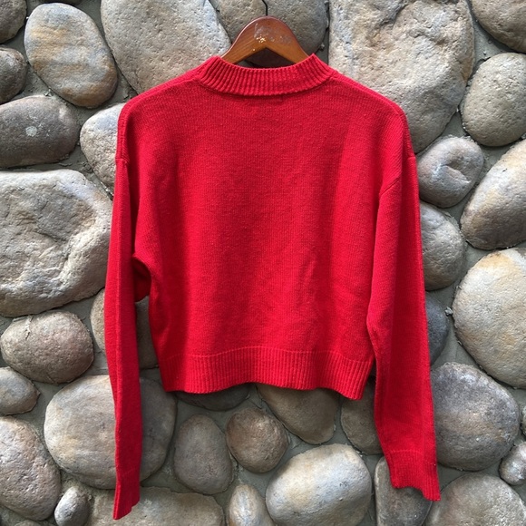 FOREVER 21 Red/ White Bonjour Cropped Long Sleeve Sweater - Picture 2 of 3
